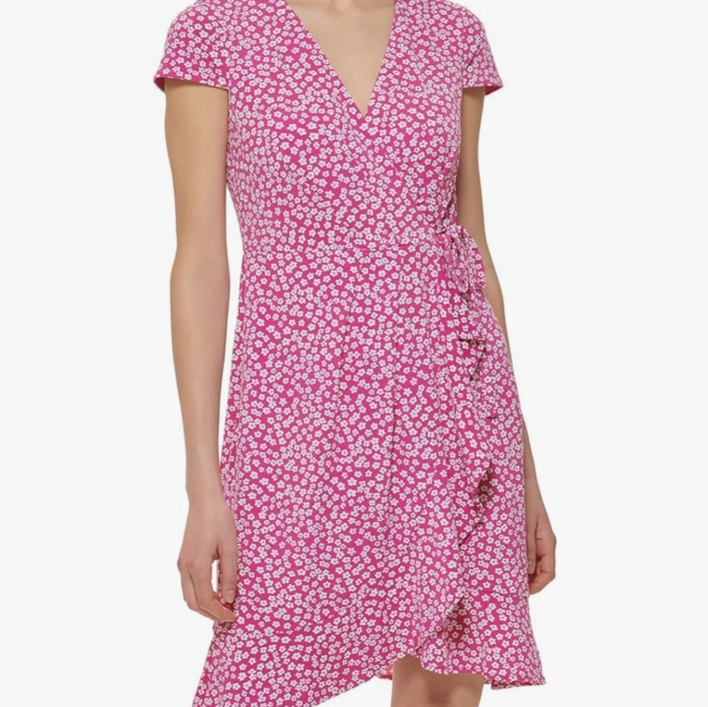 Jessica Howard Pink Flower Cap Sleeve Jersey Faux Wrap Dress